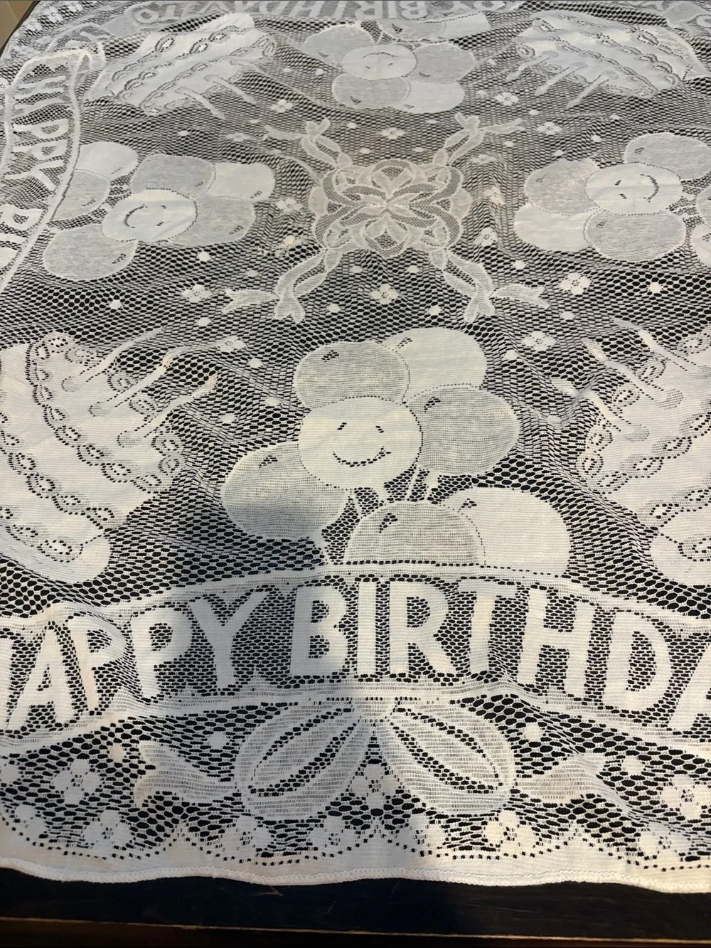 Vintage White 'Happy Birthday' Lace Tablecloth
